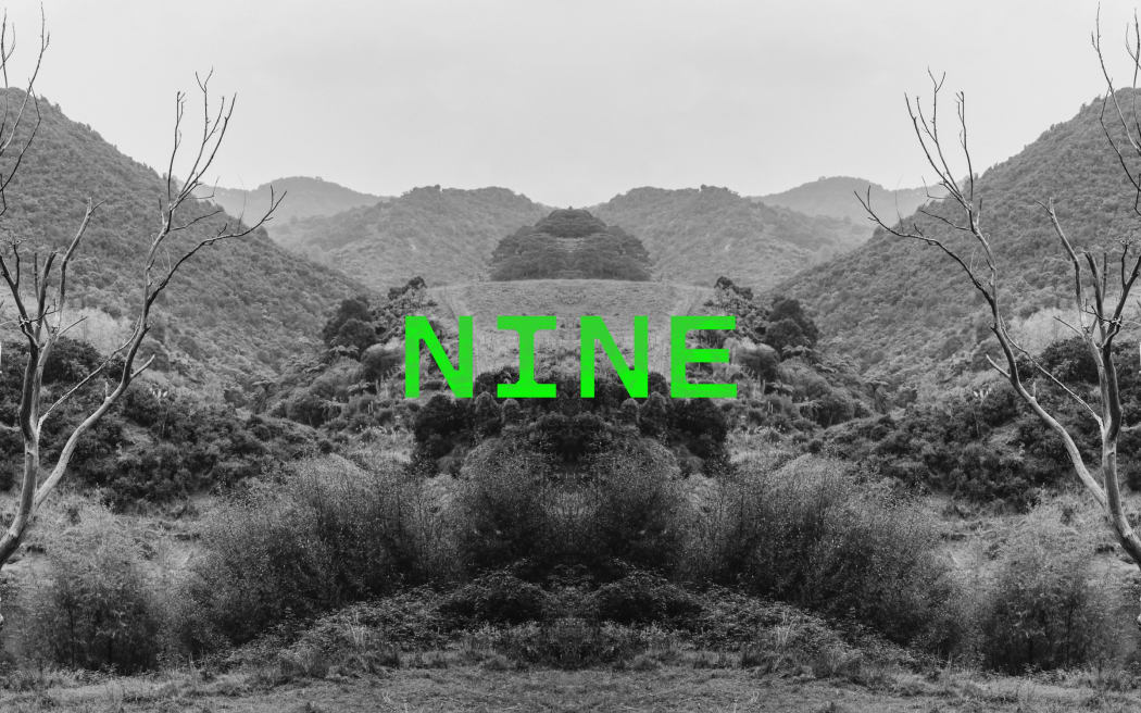 Podcast episode image for the 'Mr Lyttle Meets Mr Big' podcast. A moody black and white photograph of a country valley is mirrored vertically creating a Rorschach like effect with the episode number 'NINE' overlaid in vibrant green.