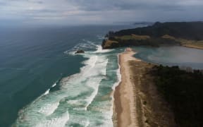 Aerial panorama of sand coast pacific ocean sea shore Opoutere beach waves Waikato Coromandel Peninsula North Island New Zealand