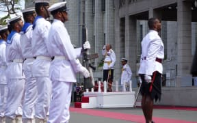 The Fijian president Ratu Epeli Nailatikau inspects the Guard of Honour before addressing parliament