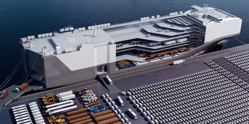 A cutaway image of the Hoegh Trigger car carrying ship.