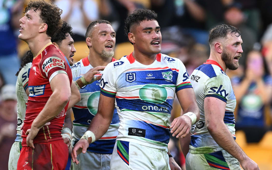 Jacob Laban of the Warriors after scoring a try during the NRL Round 11 match between the Redcliffe Dolphins and the New Zealand Warriors at Suncorp Stadium.