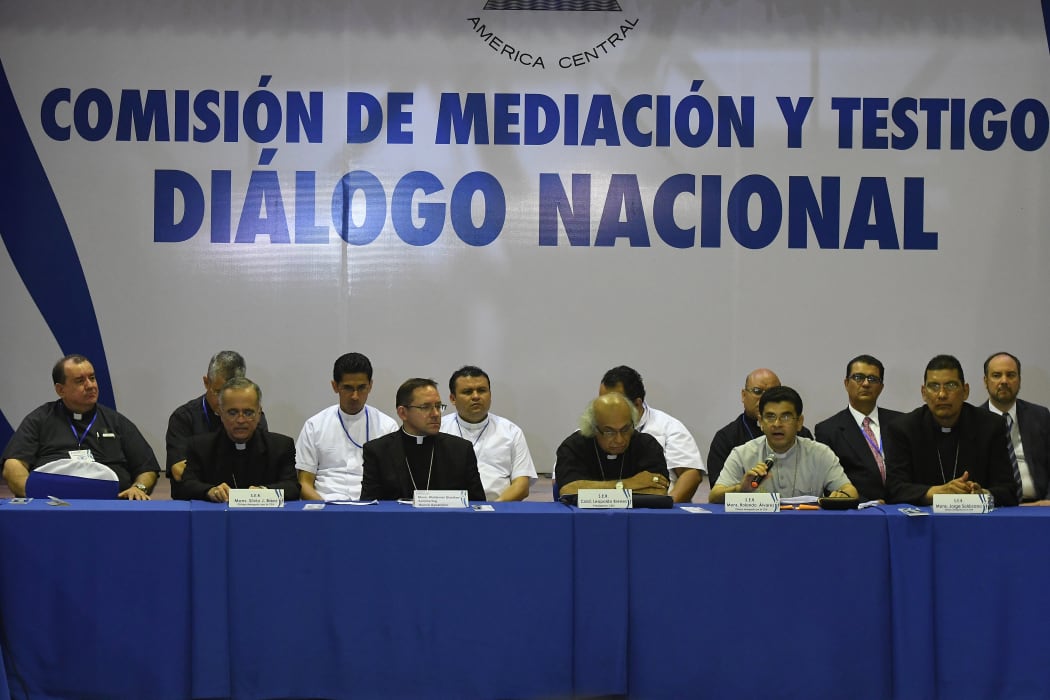 Nicaragua's Roman Catholic church representatives take part in the so-called "national dialogue" talks among government's representatives, Nicaragua's Roman Catholic bishops and the opposition in an attempt to stifle anti-government unrest at the National Seminary of Our Lady of Fatima in Managua