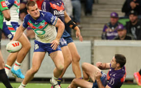 Jackson Ford makes a try fo
Melbourne Storm v New Zealand Warriors, Round 8 ANZAC day match of the 2023 NRL Premiership rugby league season, Melbourne, Australia on Tuesday 25 April 2023. Photo:  NRL Photos / www.photosport.nz