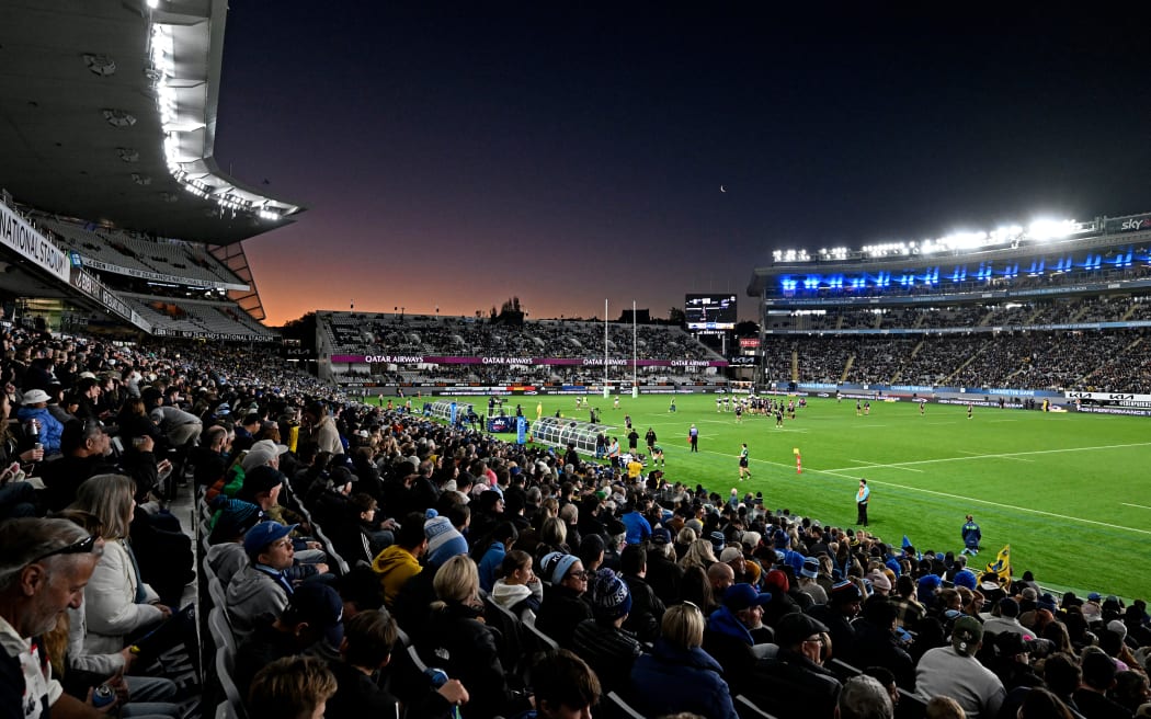 General view of fans and supporters in the south stand of Eden Park.
