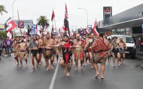 Kairākau lead the hikoi progress through Kaitaia.