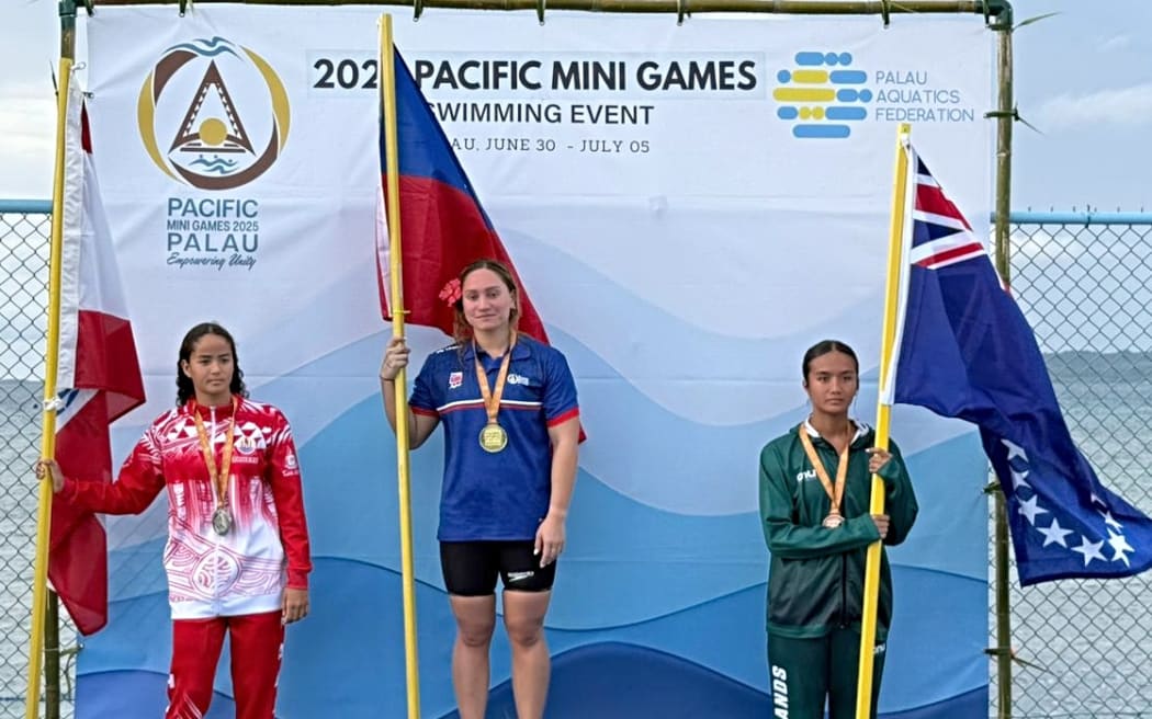 Medallists in women's 100m butterfly: Paige Schendelaar-Kemp (Samoa), Deotille Videau (Tahiti) and Mia Tracey Anne Laban (Cook Islands).