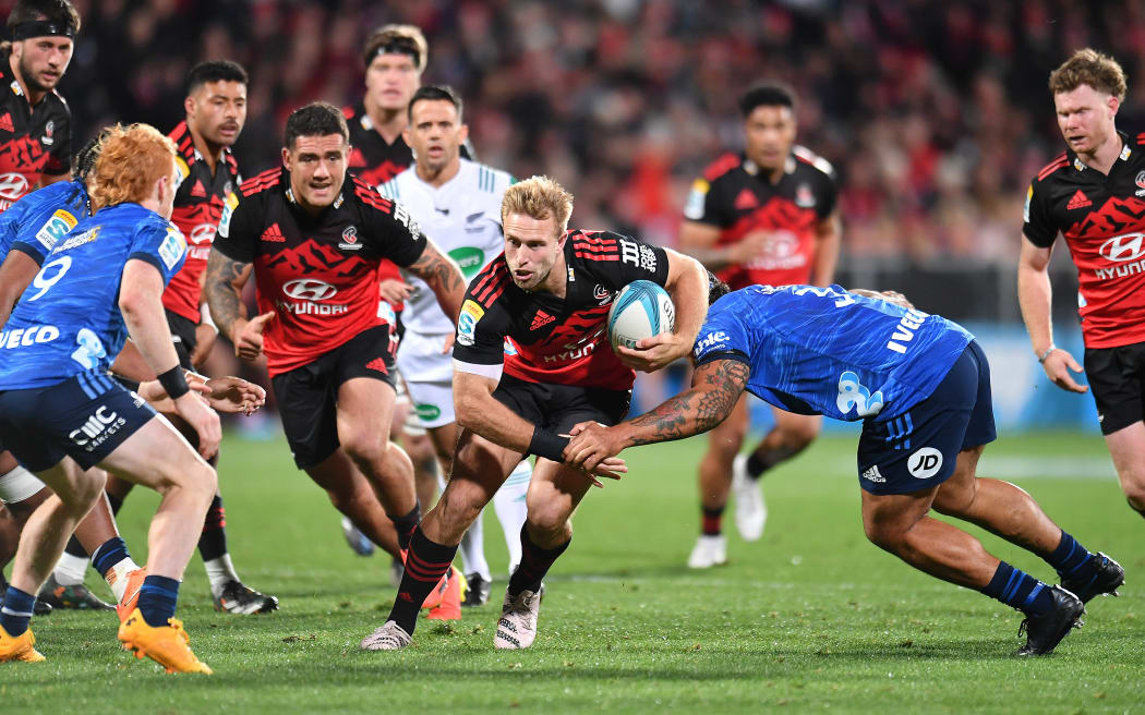 Braydon Ennor advances as the Crusaders take on the Blues at Orangetheory Stadium, Christchurch. New Zealand. Saturday 13 May 2023. © Photo : John Davidson / www.photosport.nz
