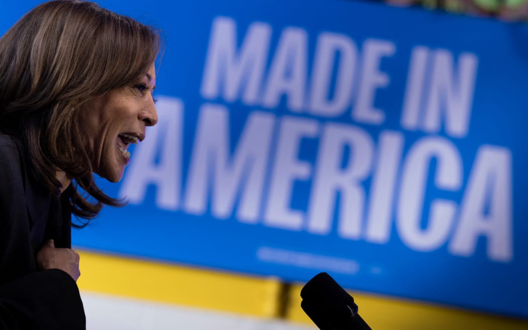 US Vice President and Democratic presidential candidate Kamala Harris speaks at the International Brotherhood of Electrical Workers (IBEW), Local 890, union office during a campaign stop in Janesville, Wisconsin, on November 1, 2024. (Photo by Brendan Smialowski / AFP)