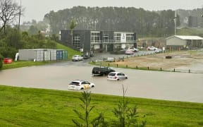 The carpark at Stadium Taranaki is flooded following torrential rain in New Plymouth.