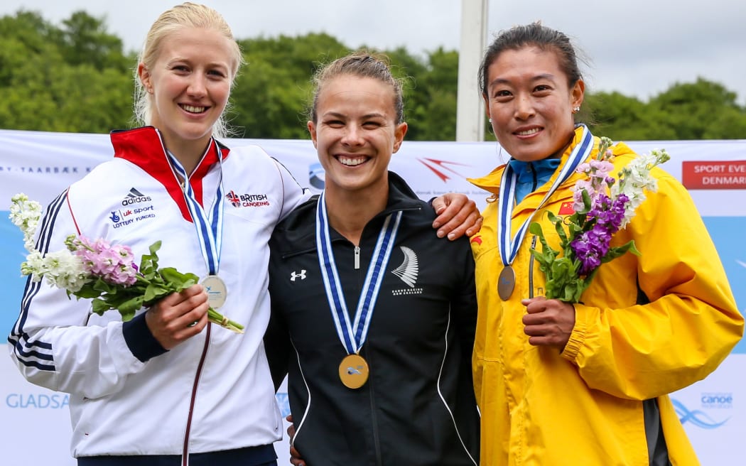 Medalists of the women's K1 500m event (L-R): Rachel Cawthorne (GBR), Lisa Carrington (NZL), Yu Zhou (CHN) in Copenhagen, Denmark at the ICF Canoe Sprint World Cup.