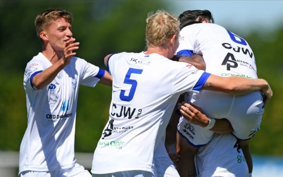 Hamilton Wanderers players celebrate a goal in the Handa Premiership football match against Hawke's Bay United at Bluewater Stadium, Napier, Sunday, November 15, 2020.