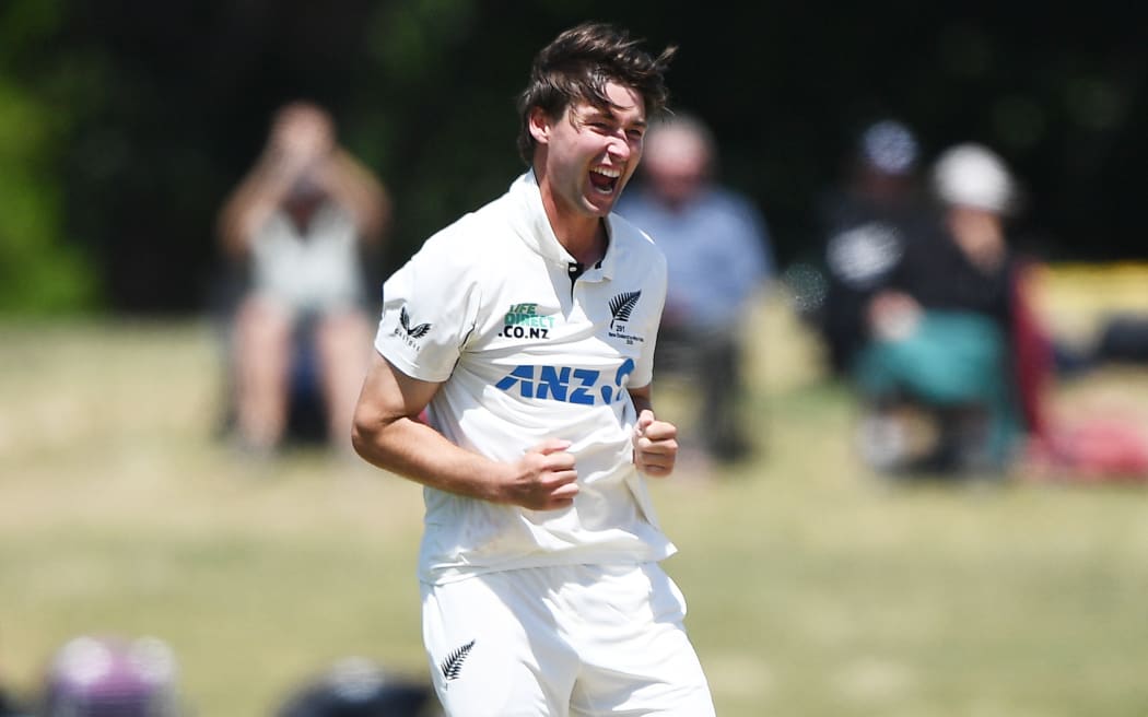 New Zealand’s Zak Foulkes celebrates a wicket, 2025.