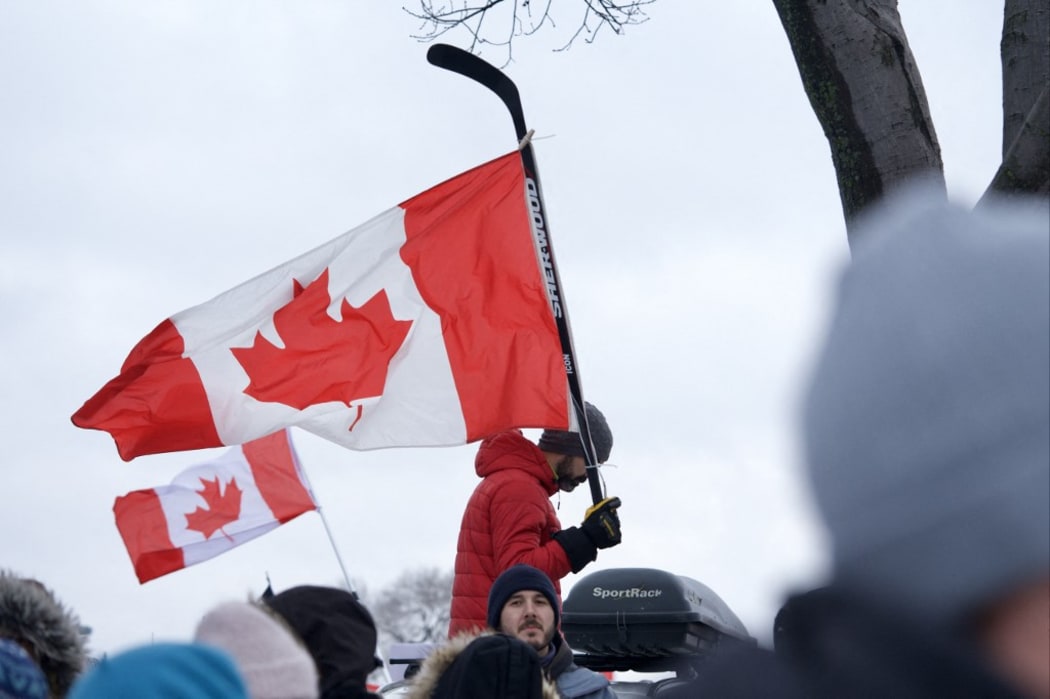 Canada, Montreal, 2022-02-12. Demonstration in support of the truckers of the so-called Freedom Convoy, whose epicenter is in Ottawa, the capital.