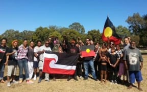 Noongar and Maori rights campaigners at Matagarup or Heirisson Island, near Perth