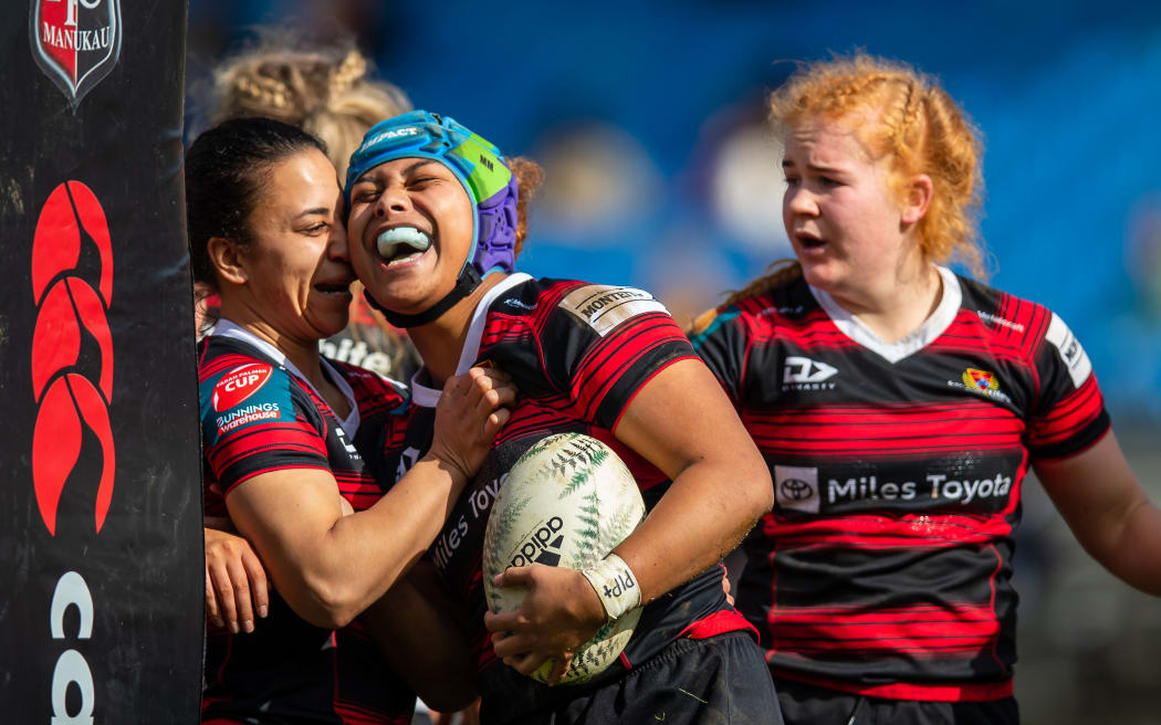 Martha Mataele of Canterbury celebrates her try during the Farah Palmer Cup round four match between Counties Manukau and Canterbury at Navigation Homes Stadium in Auckland, New Zealand on Saturday August 06, 2022. Copyright photo: Aaron Gillions / www.photosport.nz