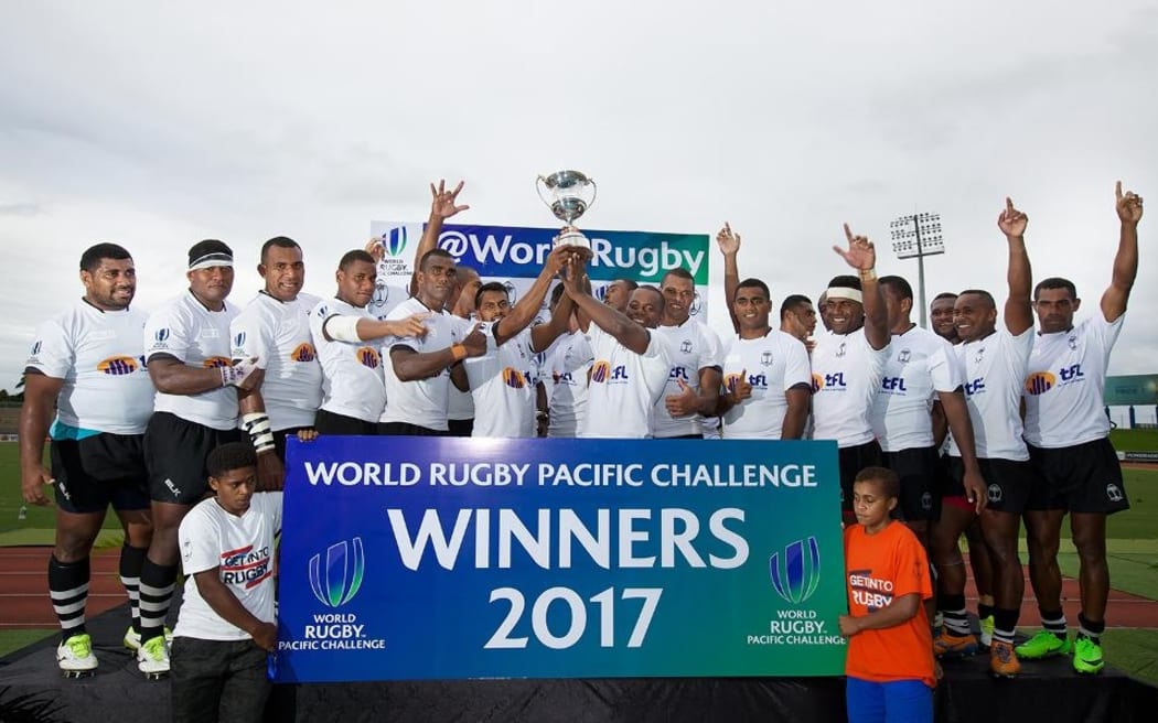 Fiji Warriors celebrate winning the World Rugby Pacific Challenge.