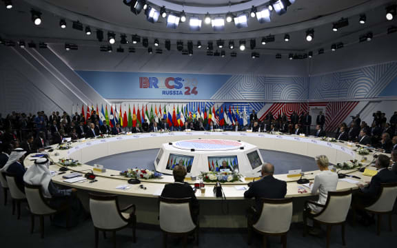 Russia's President Vladimir Putin gives a speech during the extended format meeting of the BRICS summit in Kazan on 23 October, 2024.