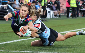 Tyra Wetere of the Warriors scores a try. Warriors v Sharks. Round 8 of the Telstra Women’s Premiership NRLW.