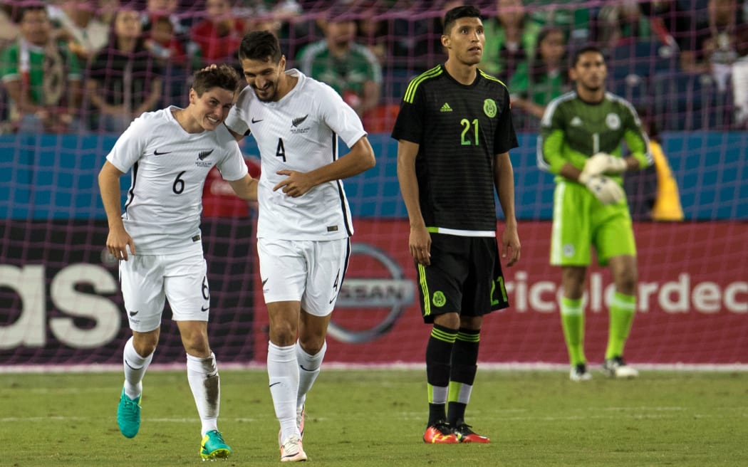 Marco Rojas celebrates his goal with team mate Themi Tzimopoulos.
International friendly match of Mexico v New Zealand All Whites at Nissan Stadium, Nashville, Tennessee