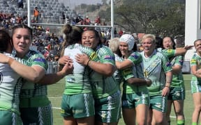 Cook Islands Moana players celebrate their 34-6 win over PNG on Saturday 18 October, 2025, in Port Moresby.