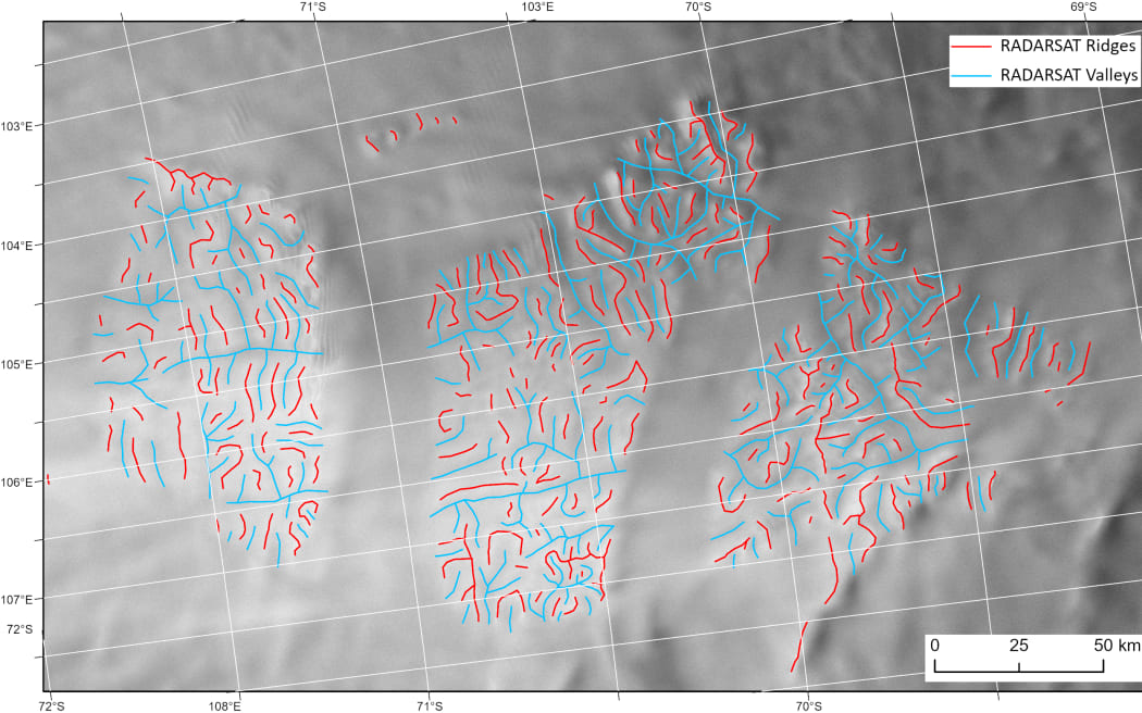 Satellite image of the ice surface from Radarsat with the valleys and ridges of the buried ancient mountains mapped.