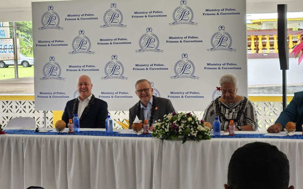 Prime Minister Christopher Luxon, left, next to Australian Prime Minister Anthony Albanese and Samoan Prime Minister Fiamē Naomi Mataʻafa, right.