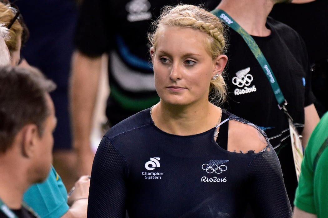 New Zealand's Olivia Podmore walks from the track after going down in a crash during the Women's Keirin round one track cycling race in Olympic Velodrome Stadium at the 2016 Rio Olympics on Saturday the 13th of August 2016. Podmore died suddenly in NZ in August 2021