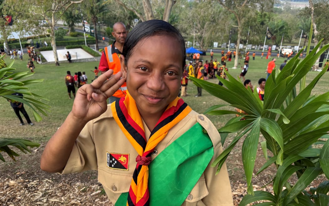 One of the girl scouts at the Independence Day flag raising ceremony on Independence Hill, Port Moresby. September 16, 2025.