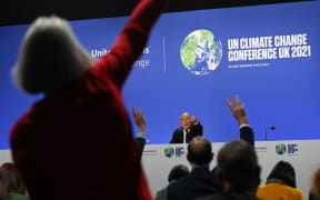 China's special climate envoy, Xie Zhenhua speaks during a joint China and US statement on a declaration enhancing climate action in the 2020s during the COP26 climate change conference in Glasgow.