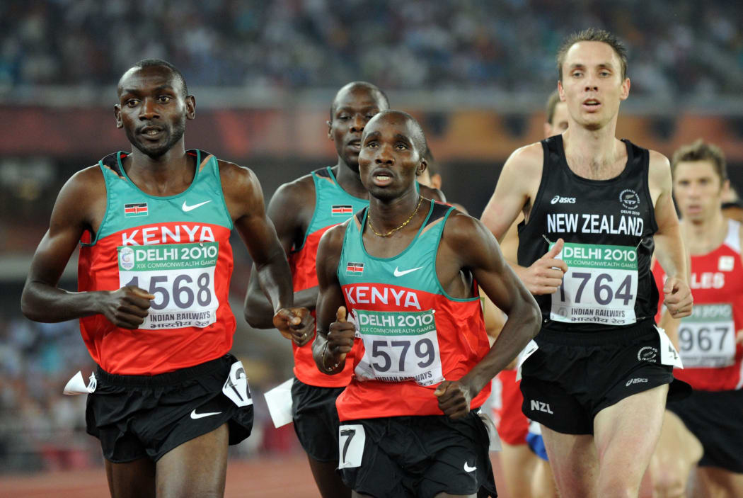 Nick Willis (black singlet) in action at the 2010 Commonwealth Games.