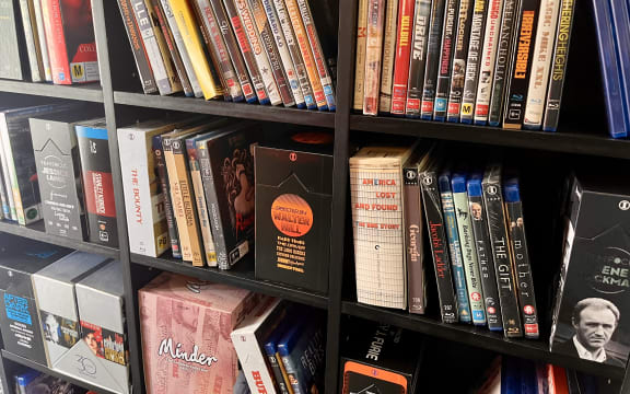 DVDs and Blu-rays on a shelving unit