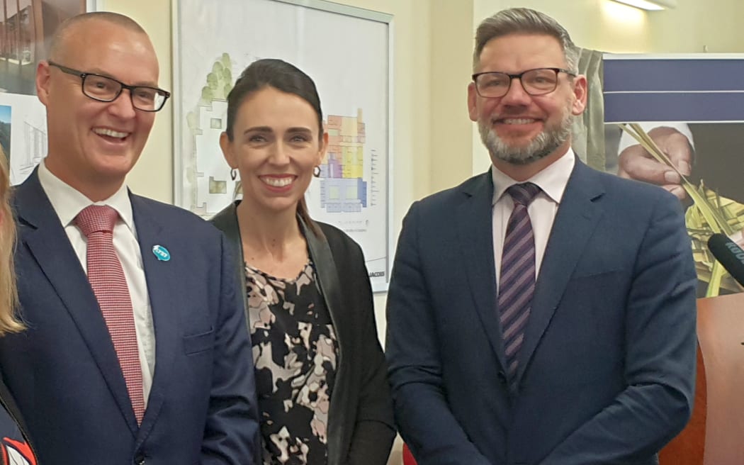 Prime Minister Jacinda Ardern, with Health Minister David Clark and Immigration Minister Iain Lees-Galloway at the announcement at Palmerston North Hospital.