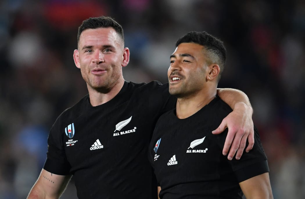 New Zealand's Ryan Crotty with Richie Mo'unga after their 23-13 victory at the
Rugby World Cup.