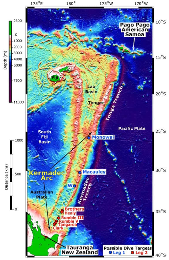 A map of the Kermadec Trench (purple line) north of the North Island.