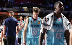 Tom Abercrombie and Lamar Patterson walk off the court after the Breakers' round three loss to the Adelaide 36ers at the Adelaide Entertainment Centre, Adelaide on Wednesday, 27th January  2021.
