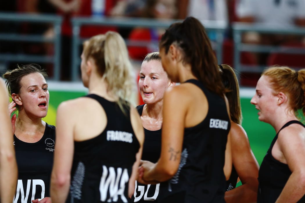 The Silver Ferns after losing to England, Gold Coast 2018 Commonwealth Games. Claire Kersten (left)