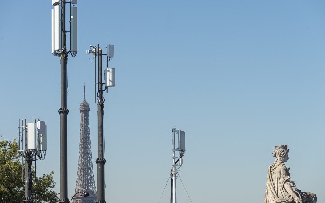Cell phone towers on the Place de la Concorde, on of the main public squares in Paris, in 2023.