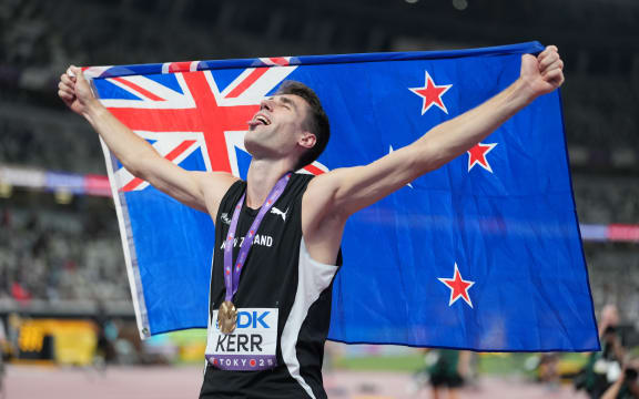 Hamish Kerr of New Zealand celebrates winning the Men's High Jump final at the 2025 World Athletics Championships in Tokyo.