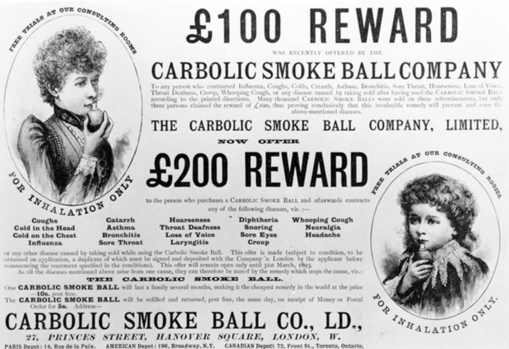 Advertisement for the Carbolic Smoke Ball Co, after losing a case in the Court of Appeal.Carbolic Smoke Ball Co - Illustrated London News, 10 June 1893