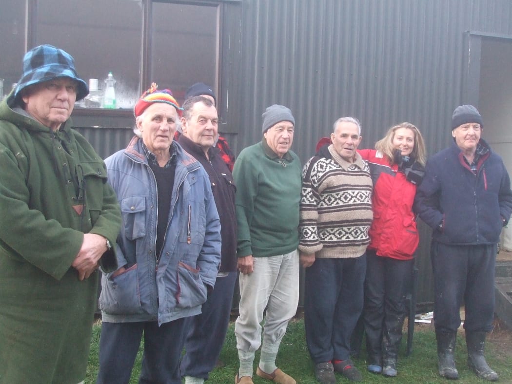 Nadine Bott with the research team. From left Ron Perano, Johnny Norton, Joe Heberley, Ted Perano, Tommy Norton, Nadine Bott and Basil Jones.