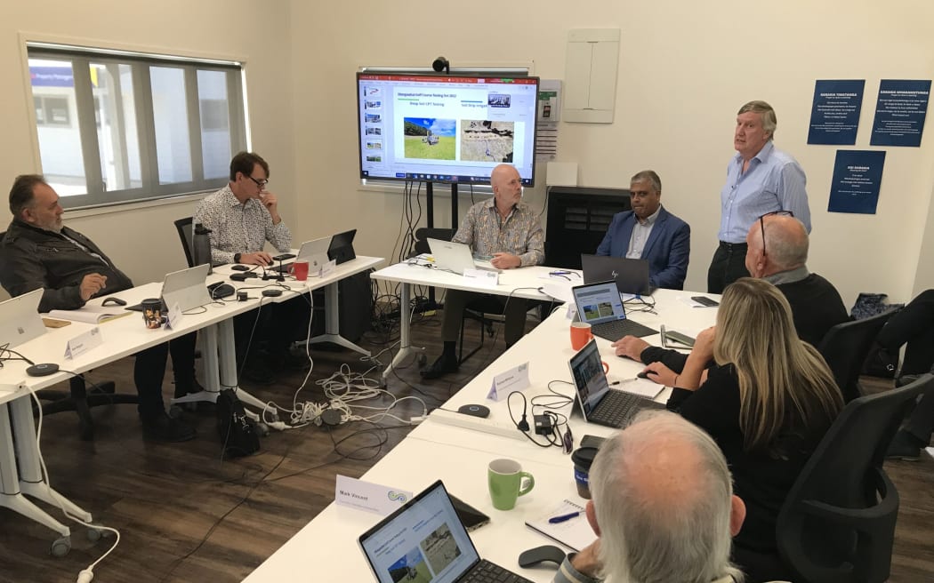 Mangawhai’s future wastewater scheme upgrade was outlined to Kaipara District Council on 5 April by wastewater irrigation specialist Peter Gearing (standing) and council infrastructure leader Anin Nama (top row, centre).