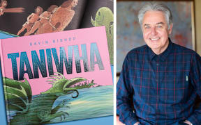 A pink and blue cover of a book 'Taniwha' by Gavin Bishop.