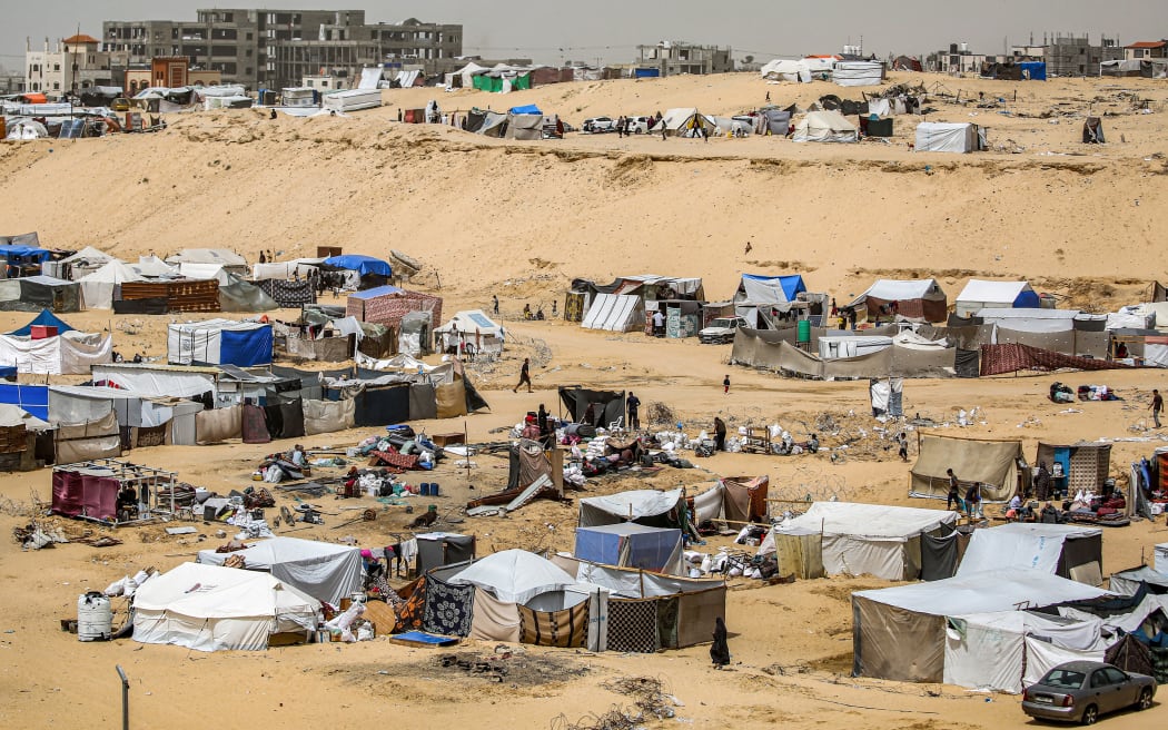 This picture taken on May 11, 2024 shows a view of tent encampments housing displaced Palestinians in Rafah in the southern Gaza Strip, amid the ongoing conflict in the Palestinian territory between Israel and Hamas.