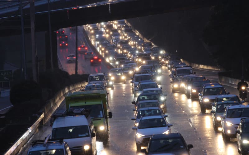 Traffic backed up in Wellington after train wagons derailed yesterday.