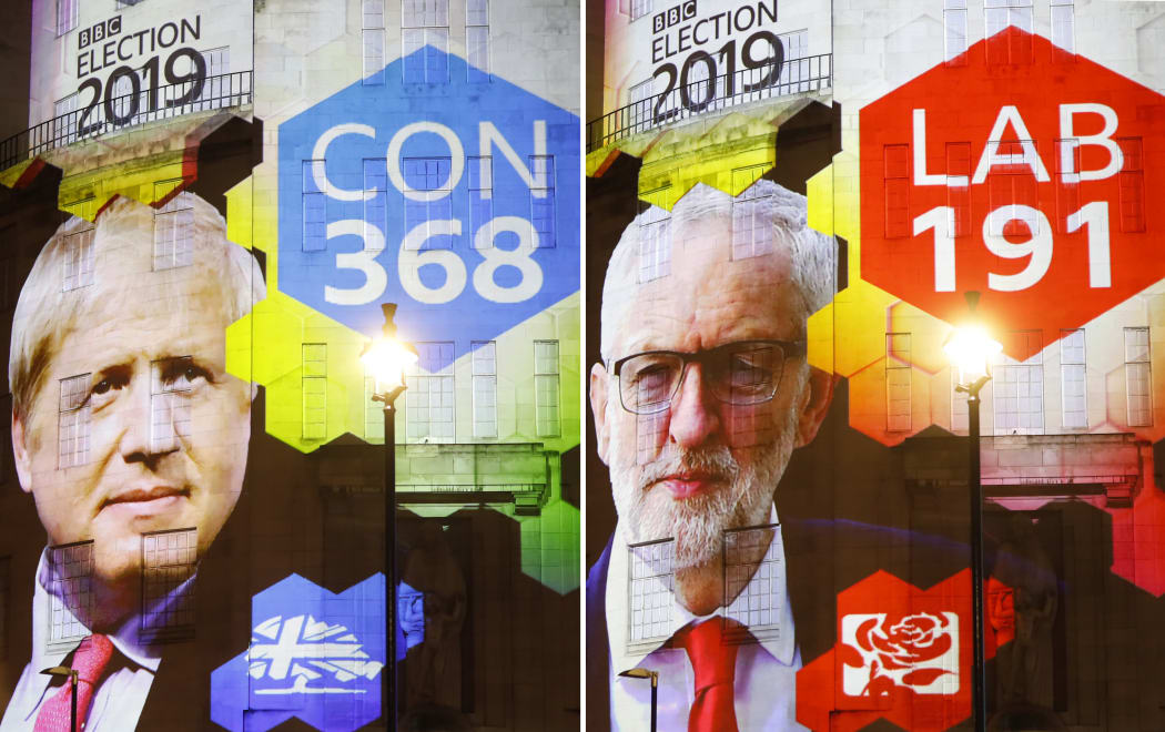 The broadcaster's exit poll results projected on the outside of the BBC building in London.