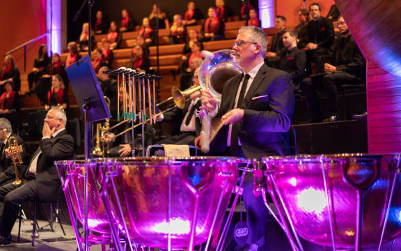 NZSO timpanist Larry Reese playing drums in the New Zealand Symphony Orchestra.