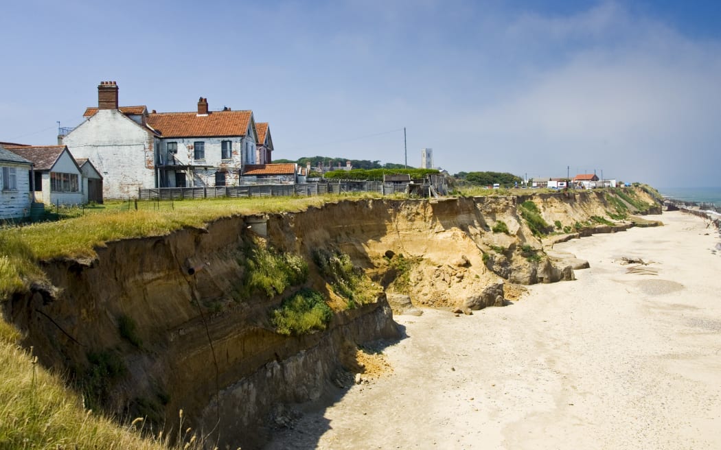 Eroded shoreline at Happisburgh, Norfolk, United Kingdom.