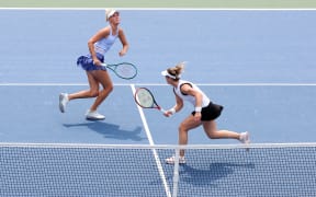 Gabriela Dabrowski (R) of Canada and Erin Routliffe (L) of New Zealand in action during the 2024 US Open.