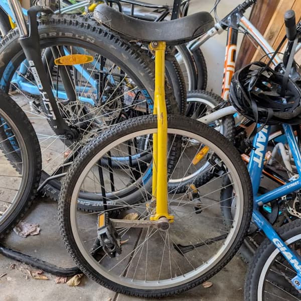 Selina's unicycle isn't going anywhere despite being untouched and unridden.