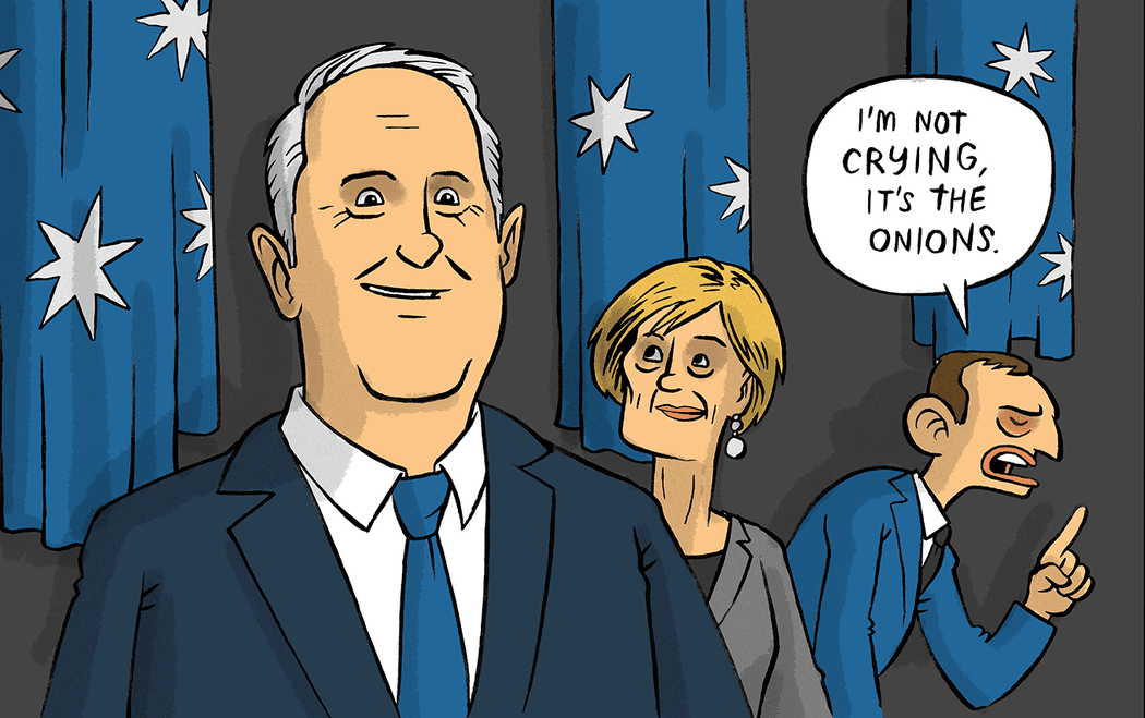 Tony Abbott, pictured behind Malcolm Turnbull: 'I'm not crying, it's the onions'.
